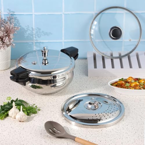 Vinod Magic Stainless Steel Smart 3 in 1 Pressure Cooker 5.5 Litre | 5mm Thick Base | All in One Cooker with Strainer & Glass Lid | Induction and