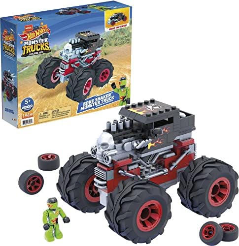 MEGA Construx Hot Wheels Monster Trucks Toy Car Building Set, Bone Shaker with 194 Pieces, 1 Micro Action Figure Driver, Red, Kids Age 5+ Years