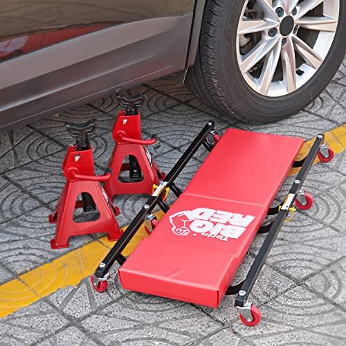 BIG RED TRP6240 Torin Blow Molded Plastic Rolling Garage/Shop Creeper: 40" Mechanic Cart with Padded Headrest, Dual Tool Trays and 6 Casters, Red