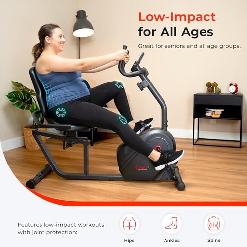 Sunny Health & Fitness Smart Recumbent Bike, Wide Cushioned Seat & Back, Indoor Cycling Machine for Adult/Seniors Home Exercise, Free SunnyFit App Connection