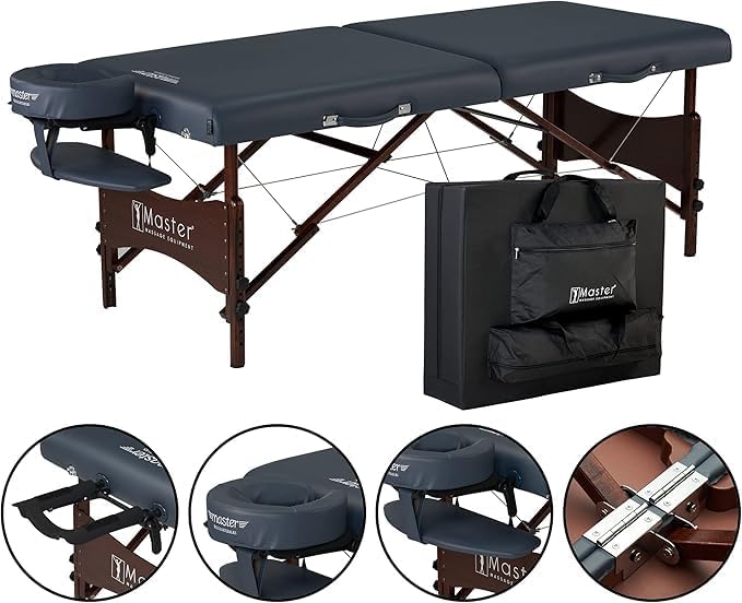 Master Massage Newport Portable Massage Table Package with Denser 2.5" Cushion, Walnut Stained Hardwood, Steel Support Cables, Pillows & Accessories, Royal Blue, 30"