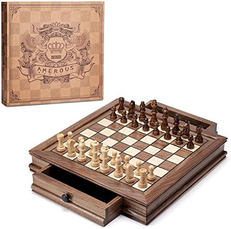 AMEROUS Magnetic Wooden Chess Set, 12.8" x 12.8" Walnut Chess Board Game with 2 Built-in Storage Drawers - 2 Bonus Extra Queens - Chess for Beginner