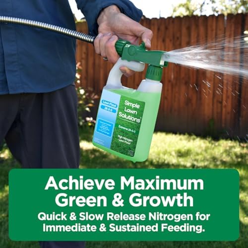 Maximum Green & Growth Fertilizer High Nitrogen 28-0-0 Liquid Lawn Food Spray Spring & Summer- Any Grass Type- Simple Lawn Solutions - Concentrated Quick & Slow Release Attached Sprayer (32 Ounce)
