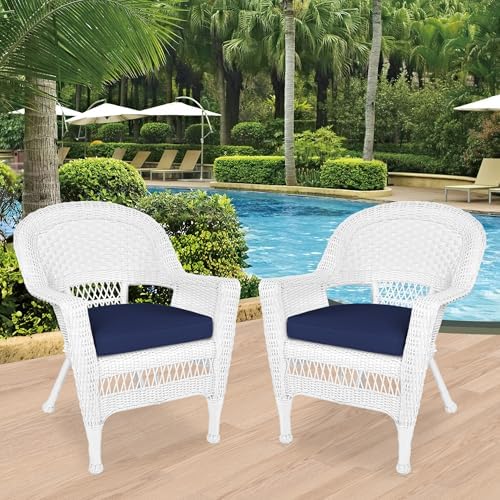 Jeco Wicker Chair with Blue Cushion, Set of 2, White/W00206-