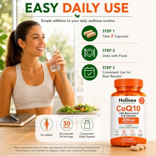 Holinee CoQ10 200mg with Trans-Resveratrol & B Vitamins, 60 Capsules | Enhanced Absorption, Cellular Energy, Antioxidant Support, GMO-Free