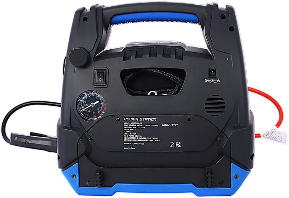 1800 Peak Amp Jump Starter with Air Compressor, 6-in-1 Portable Power Station, 12V AGM Battery Booster for Up to 8.0L Gas & 6.0L Diesel Engines