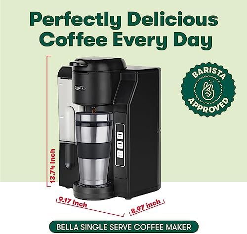 BELLA Single Serve Coffee Maker, Dual Brew, K-cup Compatible - Ground Coffee Brewer with Removable Water Tank & Adjustable Drip Tray
