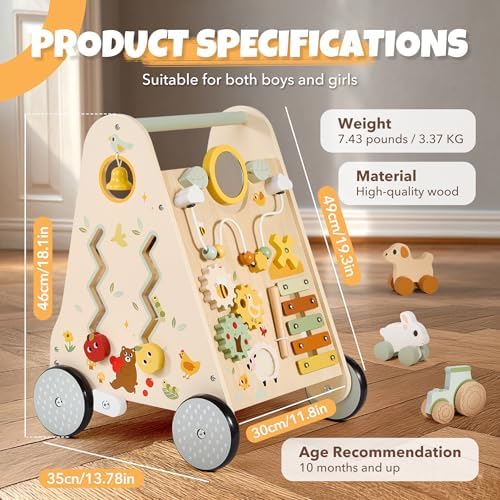 Pithfor Wooden Baby Push Walker, Baby Walker with Activity Center for Girls Boys