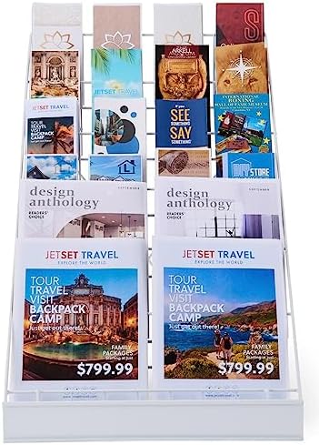 Displays2go 6-Tier Wire Magazine Rack, White | For Brochures & Literature, Metal Countertop Display Rack, Front Sign Channel, WRC6T18WT
