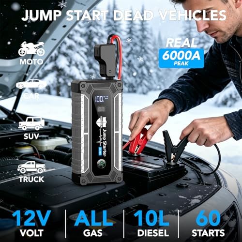 6000A Jump Starter, Portable Jump Starters 12V Car Battery Booster Jump Box Pack for All Gas & 10.0L Diesel Engines with 3 Modes Flashlight and Jumper Cables