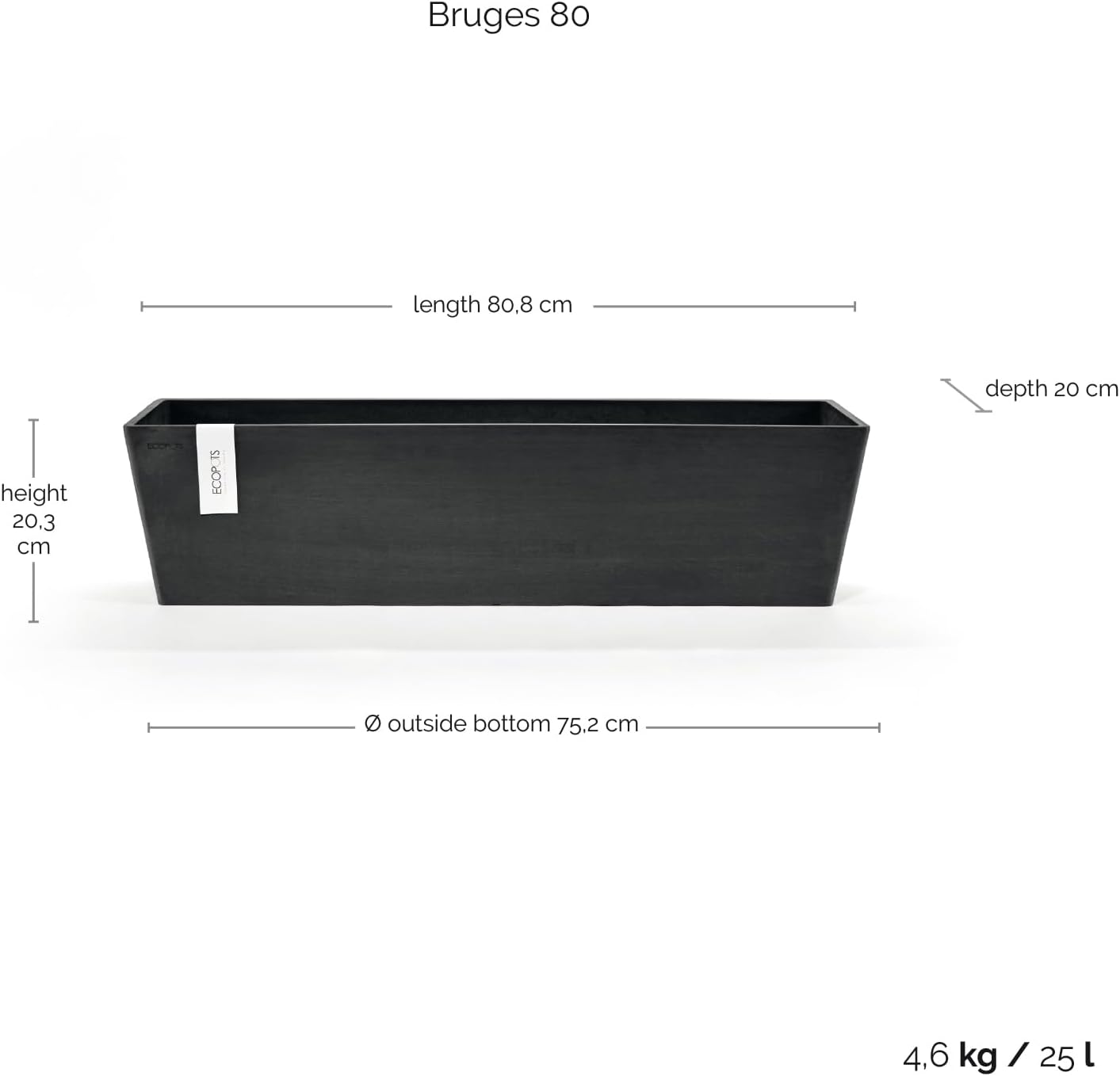 Ecopots Bruges Rectangular Flower Planter, Grey, 21.5" | Modern Style, Durable Recycled-Based Composite Construction, Weather and UV-Resistant, for Indoor/Outdoor Use