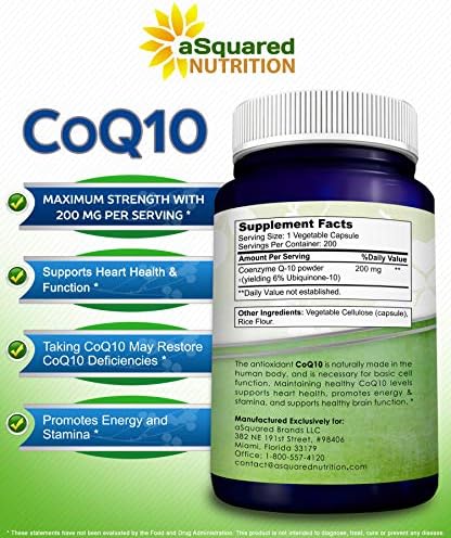 aSquared Nutrition CoQ10 (200 Capsules and 200mg) - High Absorption Vegan CO Q-10 Powder - Enzyme Ubiquinone Supplement Pills, Extra Antioxidant Coenzyme Q10 Vitamin, Coq 10 Alernative to Softgels