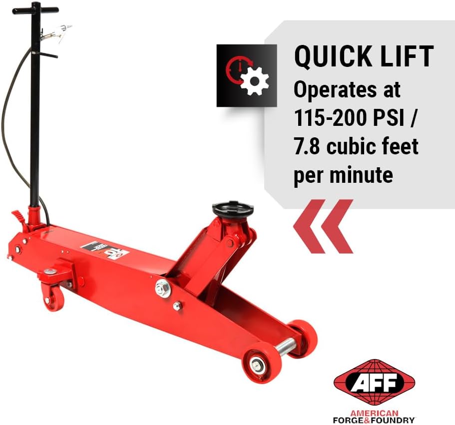 AFF 10 Ton Air Hydraulic Long Chassis Jack - for Long Overhang Vehicles | 10 T Floor Jack with Foot Pump & 3-Position Lock Handle - Ideal for Repair Shops, Bus & Truck Fleets, Heavy Duty Equipment