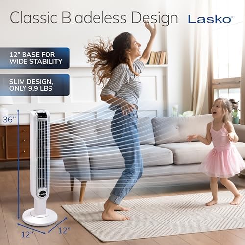Lasko Oscillating Tower Fan with Remote Control - 36" - 2510 - White | Timer, Quiet Standing Fan for Bedroom, Office, and Home, 3 Speeds, Powerful Cooling Air