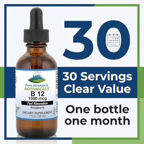 Pure Mountain Botanicals B12 1000 mcg - B12 Complex - Natural Berry Flavor - 30 Servings - Liquid Drops Vitamin - Kosher Supplement