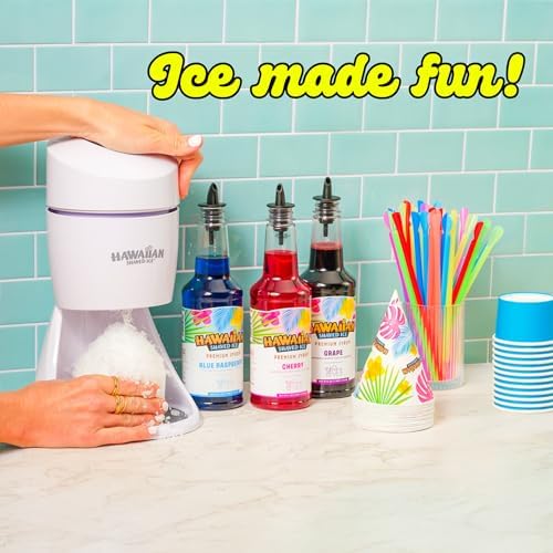 Hawaiian Shaved Ice Machine Kit - 3 Flavors, 25 Cups, Straws, Pourers, Ice Molds