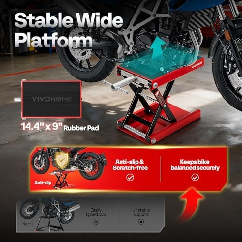 VIVOHOME 1100 LBS Motorcycle Lift Scissor Jack, Wide Deck Hoist Stand, Red | Height Adjustable Center Stand with Crank, Steel Lift for Cruiser, Dirt Bike, ATV