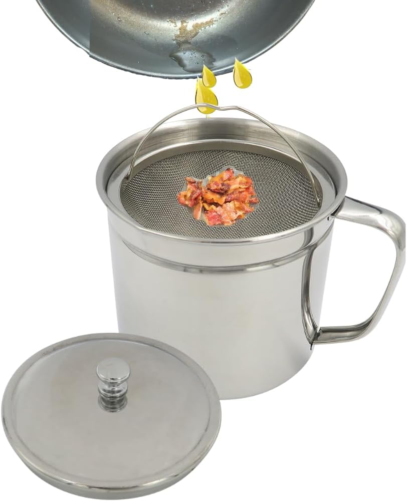Evelots Cooking Oil Storage Can-Bacon Grease Keeper-Stainless Mesh Strainer-Easy Grip Handle-Large 5 Cup Fat Storage