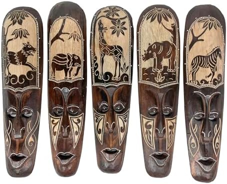 Zeckos Set of 5 African Animal Wall Masks, Hand-Carved Wood, 20 Inch | Painted Black Backdrop with Natural Grain