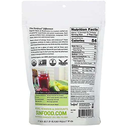 Sunfood Superfoods Organic Beets & Mushrooms for Men & Women - Mushroom & Beet Root Juice Powder with Lions Mane & Cordyceps