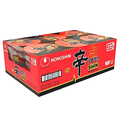 Nongshim Shin Ramyun Bowl Noodles, Spicy Korean Signature Instant Ramyun, Rich Beef Flavored Broth, Quick and Easy, Microwaveable Bowl, 3.03 oz (Pack of 12)