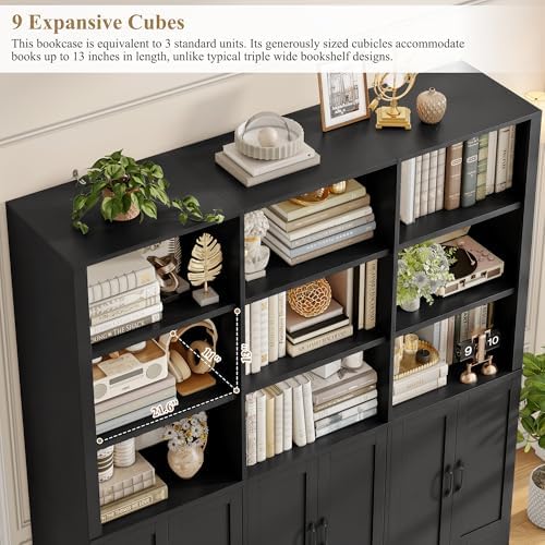 70” H x 63” W Triple Wide Bookshelf, Tall Bookcase with 6 Doors | 5 Tier Book Shelf with 15 Storage Shelves, Tall Book Case Large Bookshelves with Storage Cabinet for Home Office, White