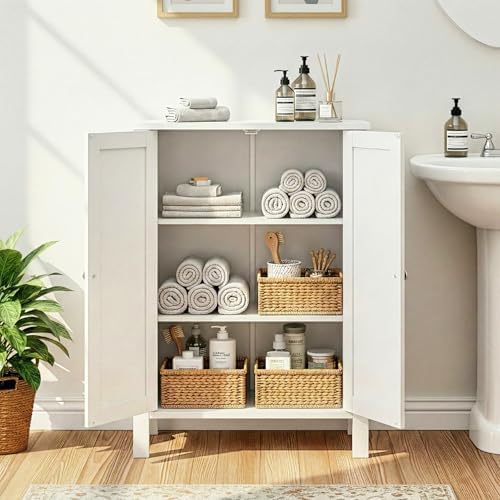 Bonnlo Bathroom Cabinet Free Standing Floor Storage with Double Door Adjustable Shelf Space Saver Decorative Modern Bathroom Furniture White