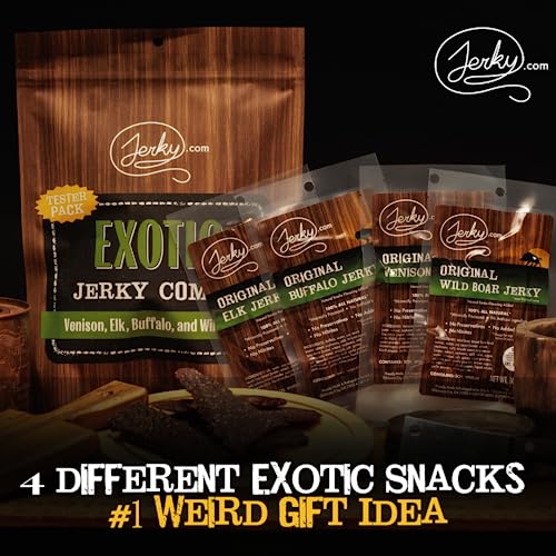 Jerky.com Exotic Jerky Variety Pack | 4pc Wild Game Snacks Sampler with Venison, Elk, Buffalo & Wild Boar | High Protein, Keto, Exotic Jerky Gifts for Men | Gifts for Men & Hunters | Venison, Elk, Buffalo & Wild Boar, High Protein, Keto Friendly, Exotic…