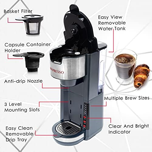 Mixpresso Black Single Serve Coffee Brewer K-Cup Pods Compatible & Ground, 30 oz Compact Coffee Maker Single Serve With 5 Brew Sizes Up To 14 Oz