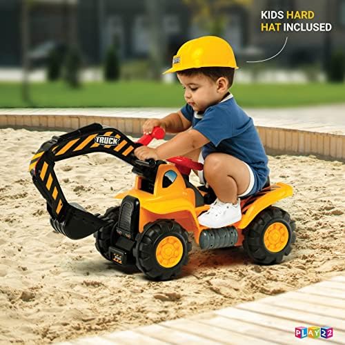 Play22 Toy Tractors for Kids Ride On Excavator - Music Sounds Digger Scooter Bulldozer Includes Helmet with Rocks - Pretend Play - Toddler