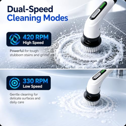 Highyes Electric Spin Scrubber for Bathroom | IPX7 Waterproof Shower Scrubber with Extendable Long Handle，Bathroom Cleaning Scrubber with 7