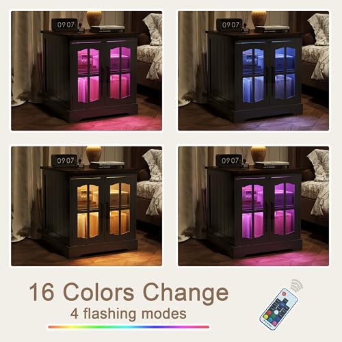 ChooChoo Farmhouse End Table with Charging Station & LED Light | Large Sofa Side Table, Rustic Square Nightstand, Glass Barn Door, Bedside Table, Storage, Living Room, Black