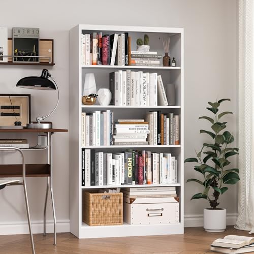 Bookcase,5 Tier White Bookshelves,66" Tall Free Standing Metal Bookcase with Adjustable Storage Shelves, Industrial Wide Bookshelf for Bedroom Living Room Home Office School