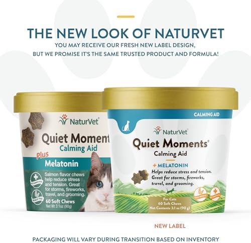 NaturVet Quiet Moments Calming Plus Melatonin Cat Supplement - 50 Count | Calming Aid for Cats - Reduce Stress, Pet Storm Anxiety, Motion Sickness - Great for Grooming, Separation and Travel