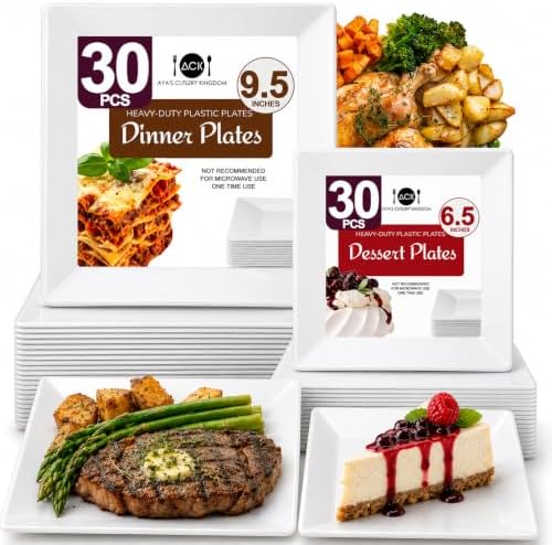 Aya's 60ct Square Plastic Disposable Plates, White - 9.5-Inch 30 Dinner and 6.5-Inch 30 Salad Plates for Party - Heavy-Duty Hard Plastic Design for Wedding, Event, Christmas, and Thanksgiving