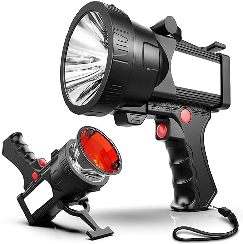 BIGSUN Q953 Rechargeable Spotlight,100000 High Lumen LED Flashlightv with COB Flood Light, Built-in 10,000 mAh Li-Ion Battery for Patrol, Working, Hunting, Red Lens and Tripod