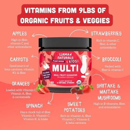 Llama Naturals Kids Multivitamin Gummies | Real Fruit, No Added Sugar Cane | Organic Vegan Toddler Whole Food Vitamins | Vitamin D, C & Beta Carotene Gummy Supplement | Cherry 90 Ct (1-2 Months)