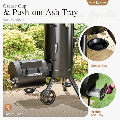 Sophia & William Vertical Offset Charcoal Smoker 961 SQ.IN. Cooking Area | Extra Large Heavy-Duty Outdoor BBQ Gill Offset Smoker with Warming Tray, Push-out Ash Tray for Outdoor Cooking, Black