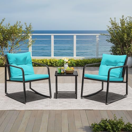 Greesum 3 Pieces Rocking Wicker Bistro Set,Patio Conversation Sets,Beige