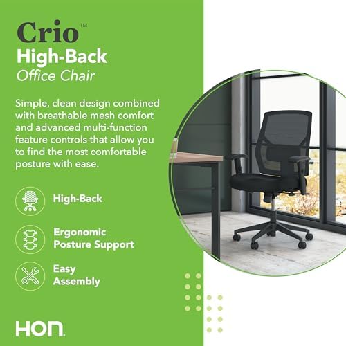 HON Crio Big and Tall Ergonomic Office Chair, Heavy Duty Desk Chair, Black | Big and tall ergonomic office desk chair for desk work, lumbar support, adjustable arms, mesh comfort, 450 lb capacity