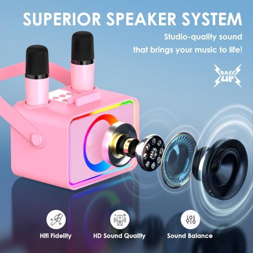 Karaoke Machine for Kids Adults,Portable Bluetooth Speaker with 2 Wireless Microphone with LED Lights, Karaoke Microphone with PA System Supports USB/TF/AUX,Gift for Party (Black)
