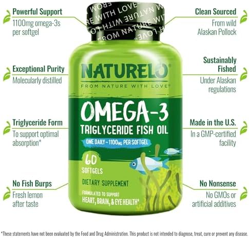 NATURELO Burpless Omega 3 Fish Oil Supplement, 1100mg, 60 Softgels | Triglyceride omega-3, omega 3 DHA EPA, liquid fish oil, 2 months supply