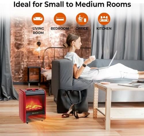 Comfort Zone Electric Mini Fireplace Space Heater with Realistic 3D Flame, Stay-Cool Body, Carry Handle, Overheat Sensor, and Safety Tip-Over Switch, Ideal for Home, Bedroom, & Office, 1,200W, CZFP1