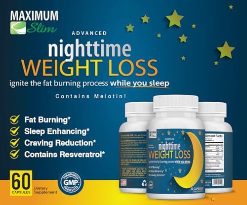 Maximum Slim Nighttime Weight Support – Gentle Fat Burning & Sleep Aid – African Mango, Resveratrol & Green Tea – Non-GMO, Vegan, 60 Capsules