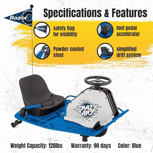 Razor Crazy Cart – 12 MPH (19 KMH) Ultimate Drifting Machine with 40 Min Ride Time, High-Torque Motor and Pro-Style Drift Bar for Extreme Fun, Ages 9+ | 250W Motor, Up to 12 Mph, 40-Min Run Time, Foot Pedal Throttle, High-Impact Pneumatic Front Tire & Re…