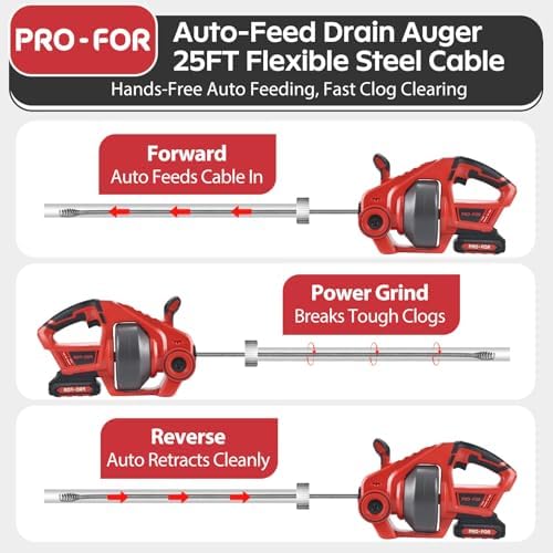 20V Cordless Electric Drain Auger, 25Ft Auto-Feed Drain Snake, Replaceable Cable, 2.0Ah Battery & Charger, LED Light, Clog Remover for Sink, Shower
