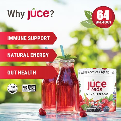 Juce Reds Organic Superfood Powder | Beet Root, 64 Superfoods | 20 Servings | Garden Berry flavor | Probiotics