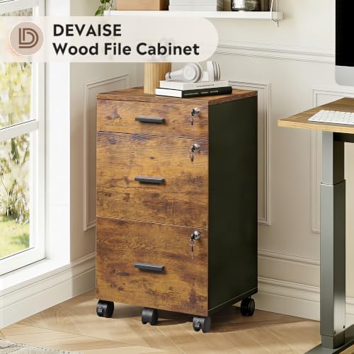 DEVAISE 3 Drawer File Cabinet with Lock & Wheels, Wood Printer Stand | Mobile Filing Cabinet Fits Letter/A4 Size; Rustic Brown Wood Printer Stand Keeps Home Office Files Secure And Organized