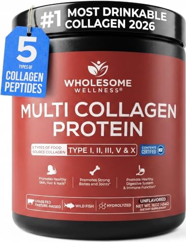Wholesome Wellness Premium Multi Collagen Peptides Protein Powder for Women and Men, 5 Types of Hydrolyzed Collagen, Grass-Fed, Non-GMO & Unflavored