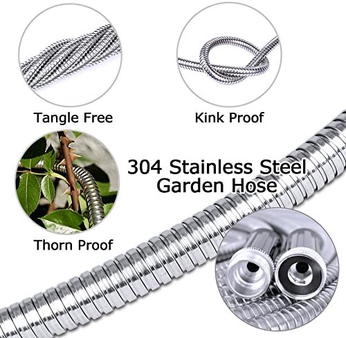 TheFitLife Flexible Metal Garden Water Hose - Upgrade Leak and Fray Resistant Design, Stainless Steel with Solid Fittings and Sprayer Nozzle